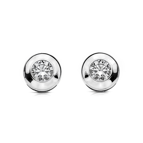 Pendientes Mujer-Niña Oro Blanco 18K Chatón Galería Redondo Circonita 5 mm Brillo
