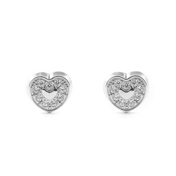 18ct White Gold Heart Cubic Zirconias Children's Baby Earrings shine