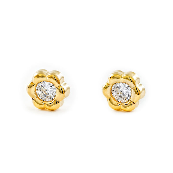 Pendientes Niña Oro Amarillo 18K Flor Margarita Circonita Brillo
