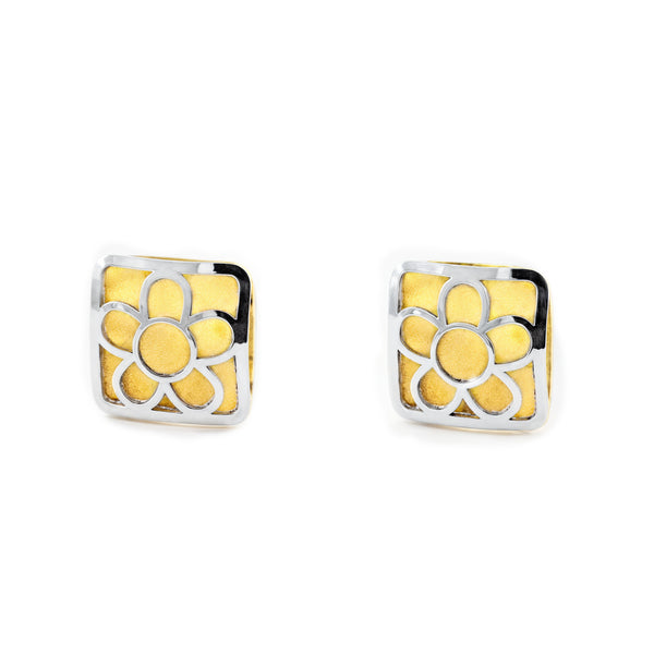 Pendientes Niña Oro Bicolor 18K Liso Flor Cuadrado Mate y Brillo
