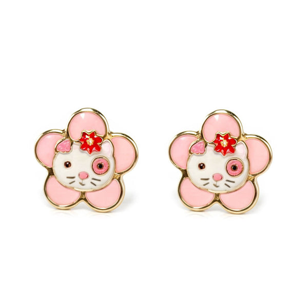 18ct Yellow Gold Multicolored enamel Cat Children's Girls Earrings shine