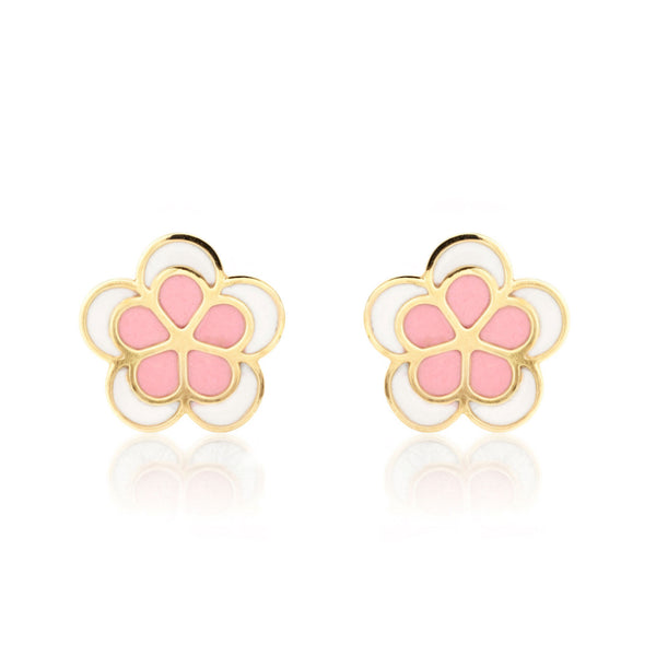 Pendientes Niña Oro Amarillo 9K Flor Margarita Esmalte Rosa-Blanco Brillo