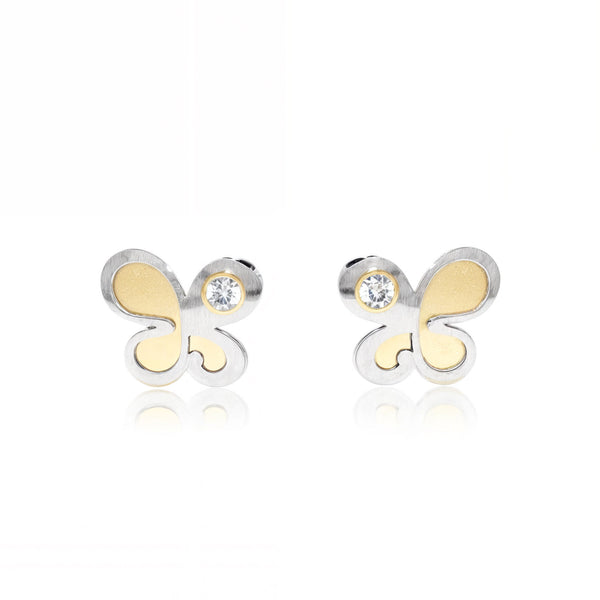 18ct two color gold Butterfly Cubic Zirconia Children's Girls Earrings Matte Shine