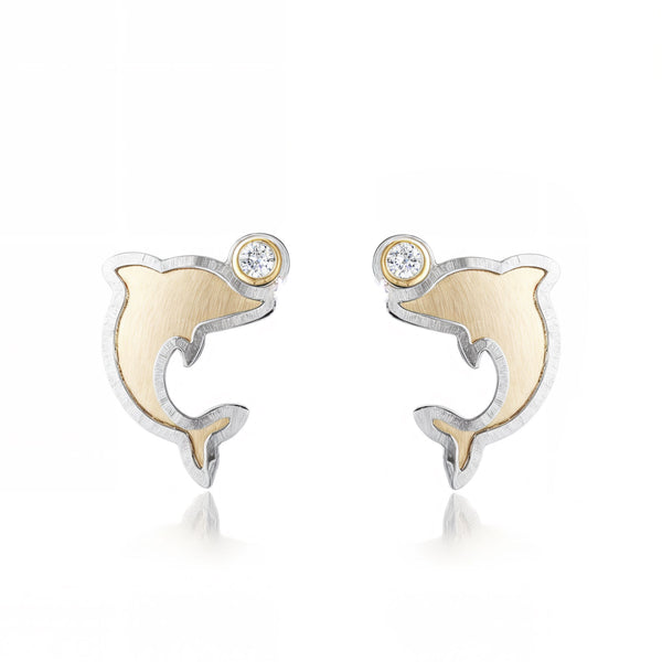 18ct two color gold Dolphin Cubic Zirconia Children's Girls Earrings Matte Shine