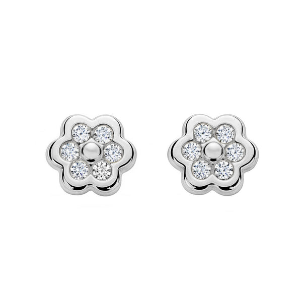Pendientes Mujer-Niña Oro Blanco 18K Flor Margarita Circonitas Brillo