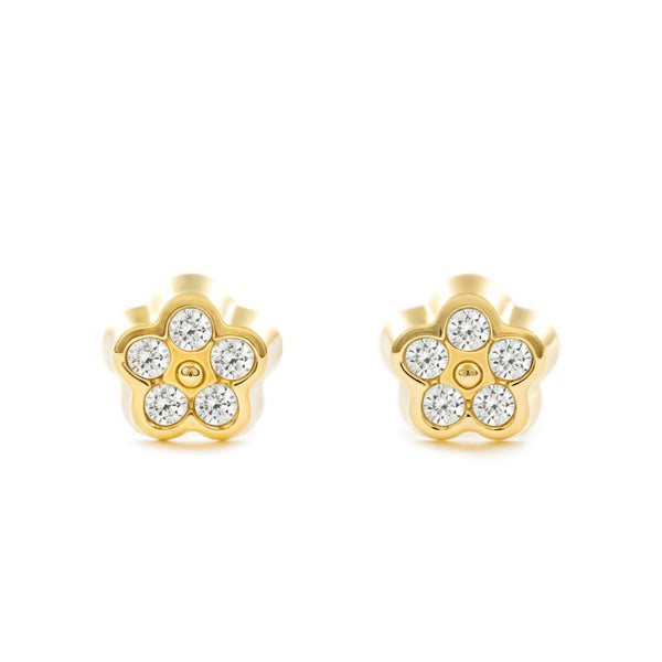Pendientes Niña Oro Amarillo 18K Flor Margarita Circonitas Brillo