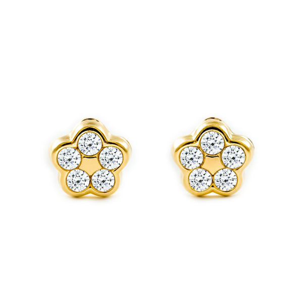 Pendientes Bebe Oro Amarillo 9K Flor Margarita Circonitas Brillo