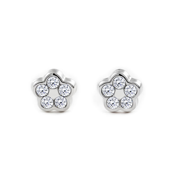 Pendientes Bebe Oro Blanco 18K Flor Margarita Circonitas Brillo