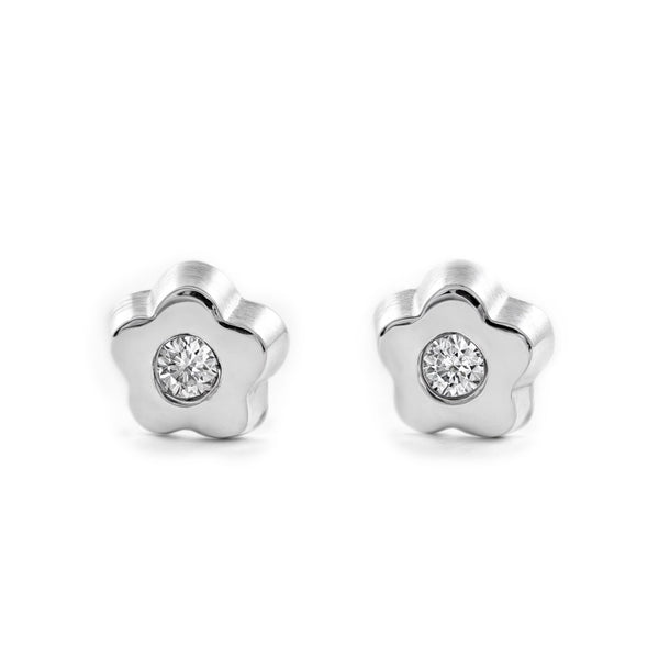 Pendientes Bebe Oro Blanco 9K Flor Margarita Circonita Brillo