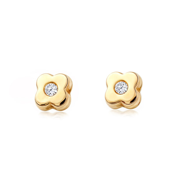 9ct Yellow Gold Trebol Cubic Zirconia Children's Baby Earrings shine