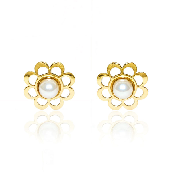 Pendientes Bebe Oro Amarillo 18K Perla Redonda 2 mm Flor Brillo