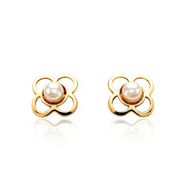 Pendientes Bebe Oro Amarillo 18K Perla Redonda 2 mm Trebol Brillo