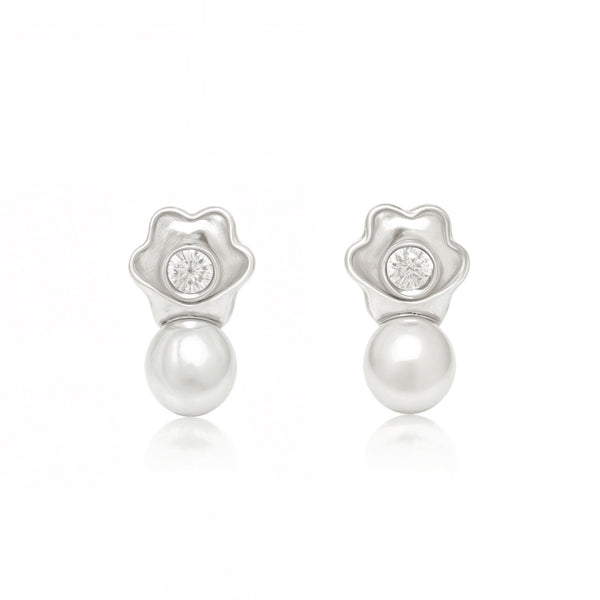 Pendientes Bebe-Niña Oro Blanco 18K Tu y Yo Perla Botón 3,5 mm Flor Margarita Circonita Brillo