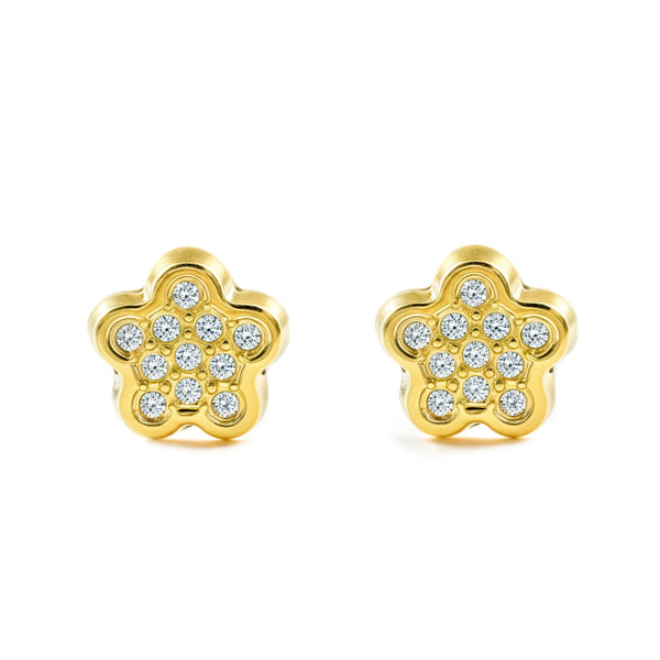 Pendientes Niña Oro Amarillo 18K Flor Circonitas Brillo