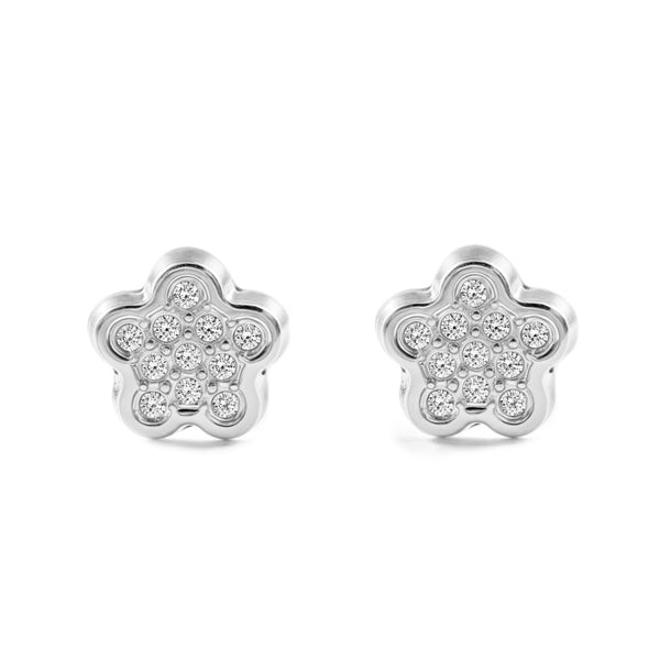 Pendientes Bebe-Niña Oro Blanco 9K Flor Circonitas Brillo