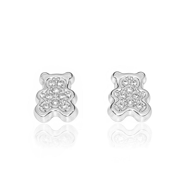 Pendientes Niña Oro Blanco 9K Oso Circonitas Brillo