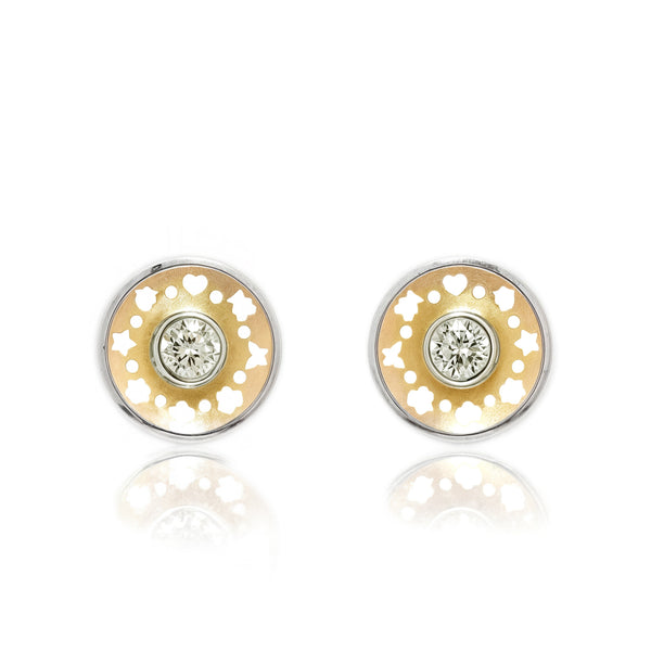 18ct two color gold Round Cubic Zirconia Earrings Matte Shine