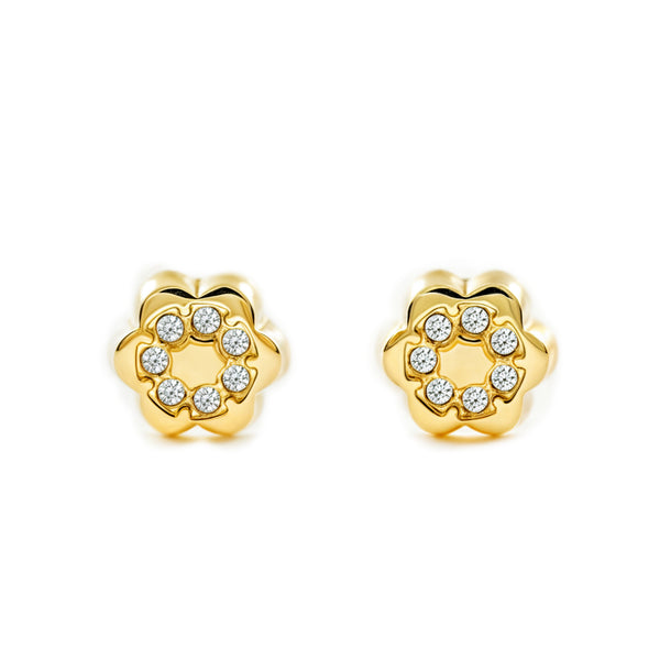 Pendientes Bebe-Niña Oro Amarillo 9K Flor Circonitas Brillo