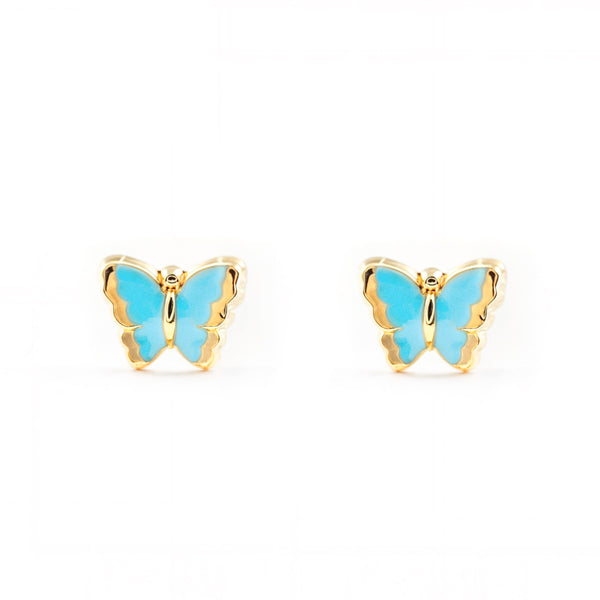 Pendientes Bebe-Niña Oro Amarillo 9K Mariposa Esmalte Azul Claro Brillo