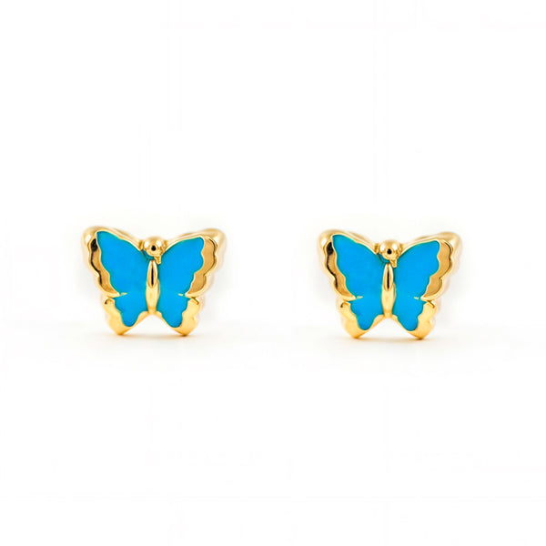 Pendientes Bebe-Niña Oro Amarillo 9K Mariposa Esmalte Azul Intenso Brillo