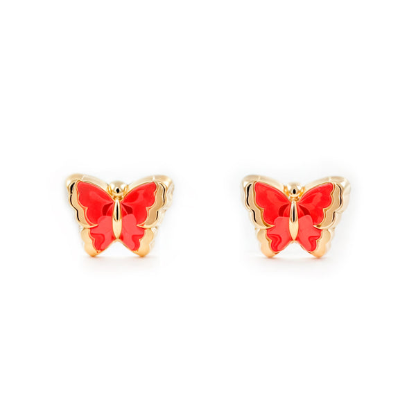 Pendientes Bebe-Niña Oro Amarillo 18K Mariposa Esmalte Rojo Brillo
