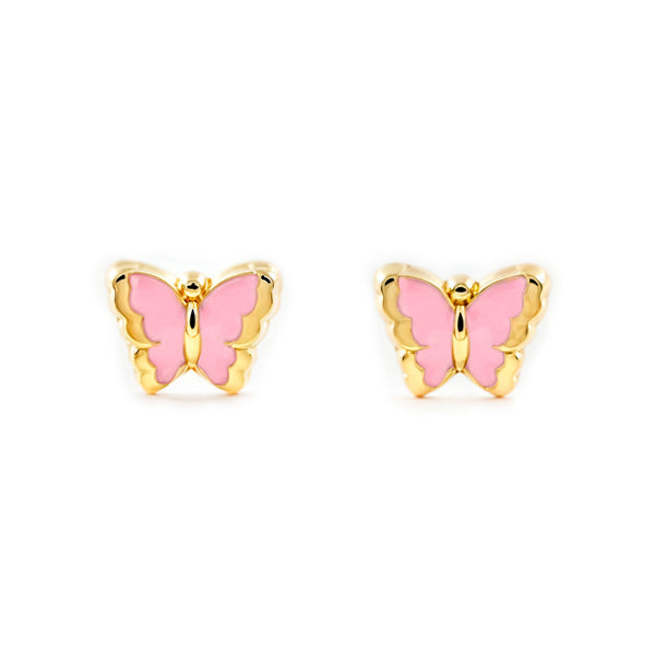 18ct Yellow Gold Light Pink Enamel Butterfly Children's Baby Girls Earrings shine