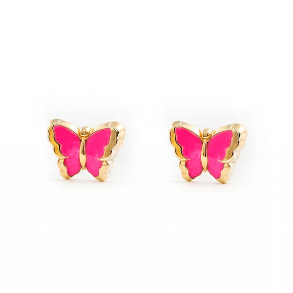 Pendientes Bebe-Niña Oro Amarillo 9K Mariposa Esmalte Rosa Intenso Brillo