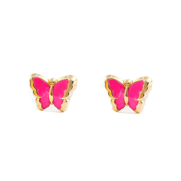 9ct Yellow Gold Intense Pink Enamel Butterfly Children's Baby Girls Earrings shine