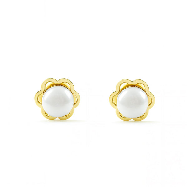 18ct Yellow Gold Flower Pearl 3 mm Children's Baby Girls Earrings shine