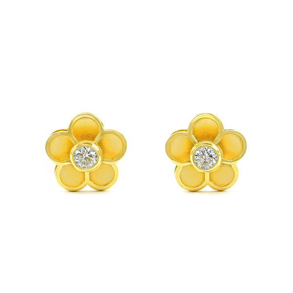 18ct Yellow Gold Flower Cubic Zirconia Children's Girls Earrings Matte Shine