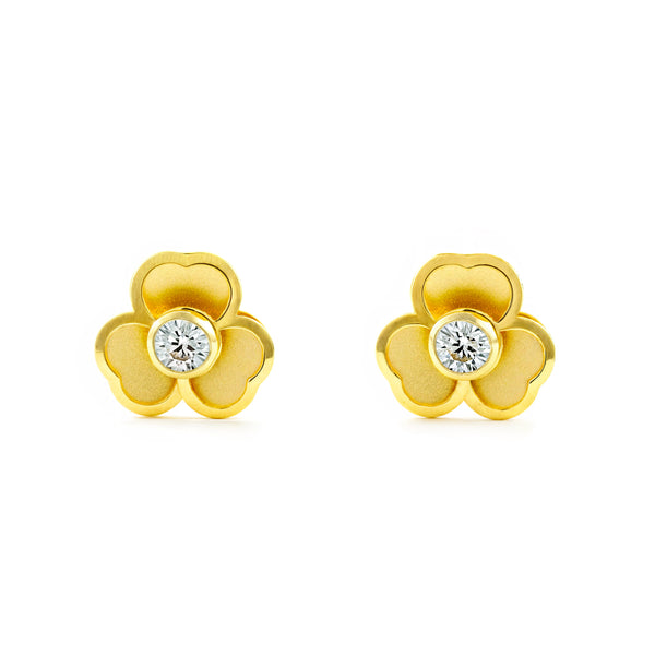 18ct Yellow Gold Trebol Cubic Zirconia Children's Girls Earrings Matte Shine