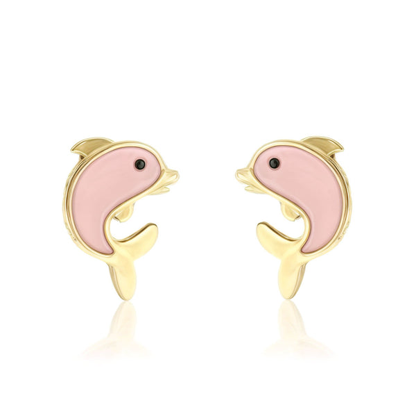 18ct Yellow Gold Pink Enamel Dolphin Children's Girls Earrings shine