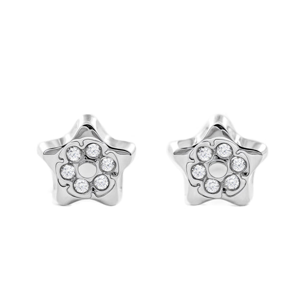 Pendientes Bebe-Niña Oro Blanco 9K Estrella Circonitas Brillo