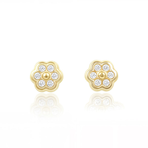 Pendientes Bebe Oro Amarillo 9K Flor Margarita Circonita Brillo