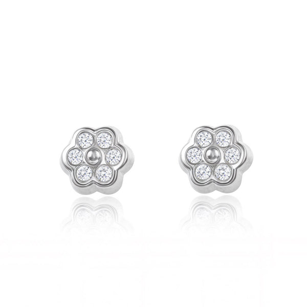 Pendientes Bebe Oro Blanco 18K Flor Margarita Circonita Brillo