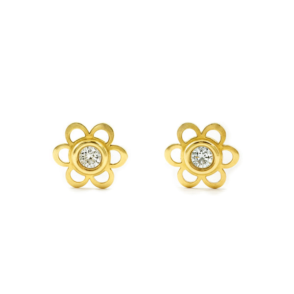 Pendientes Bebe-Niña Oro Amarillo 9K Flor Margarita Circonita Brillo