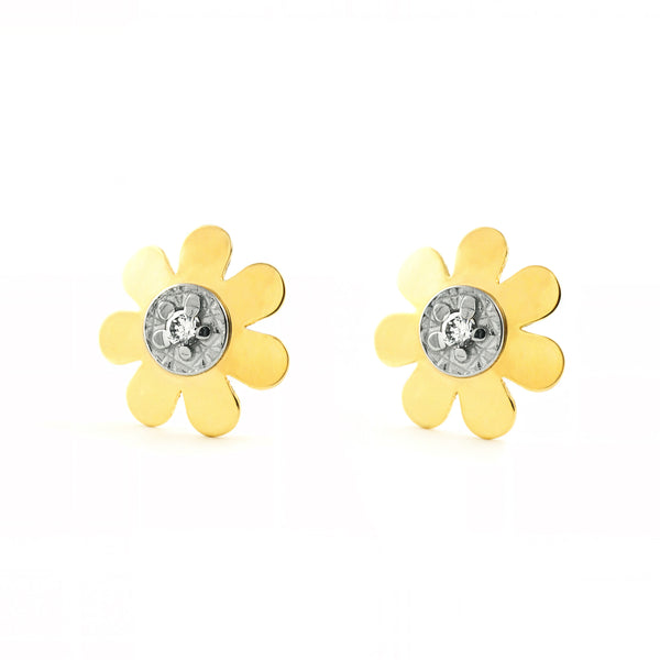 18ct two color gold Flower Cubic Zirconia Children's Baby Girls Earrings shine