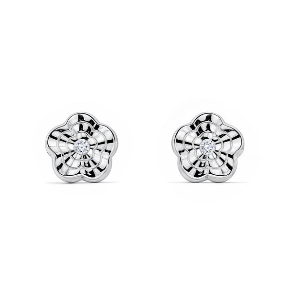 18ct White Gold Flower Cubic Zirconia Children's Baby Girls textured Earrings
