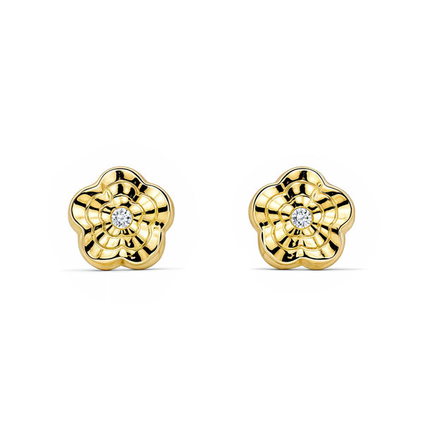 18ct Yellow Gold Flower Cubic Zirconia Children's Baby Girls textured Earrings