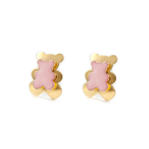 Pendientes Niña Oro Amarillo 9K Oso Esmalte Rosa Claro Brillo