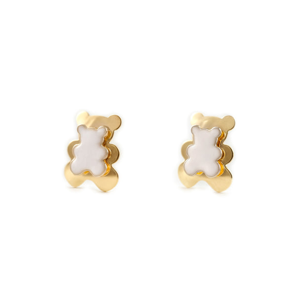 Pendientes Niña Oro Amarillo 9K Oso Esmalte Blanco Brillo