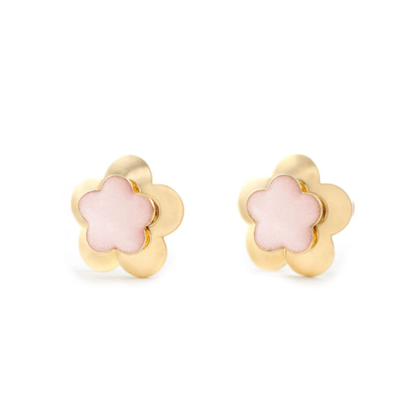 Pendientes Niña Oro Amarillo 9K Flor Esmalte Rosa Claro Brillo
