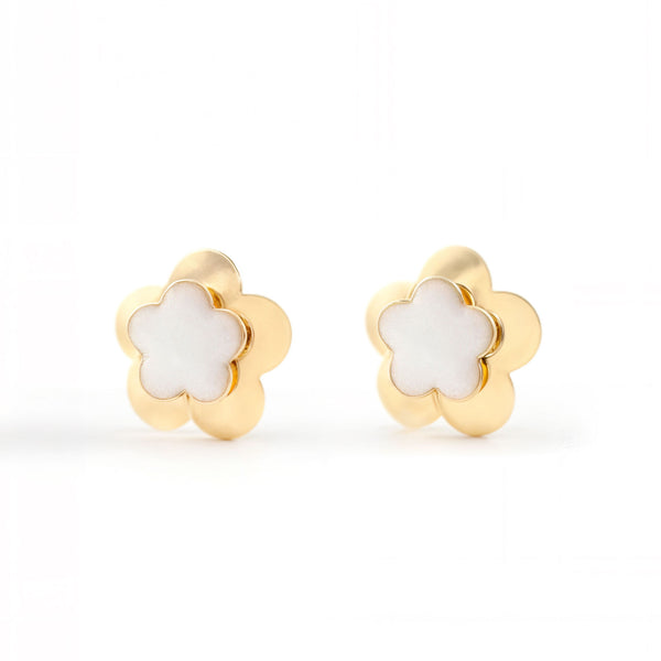 Pendientes Niña Oro Amarillo 9K Flor Esmalte Blanco Brillo