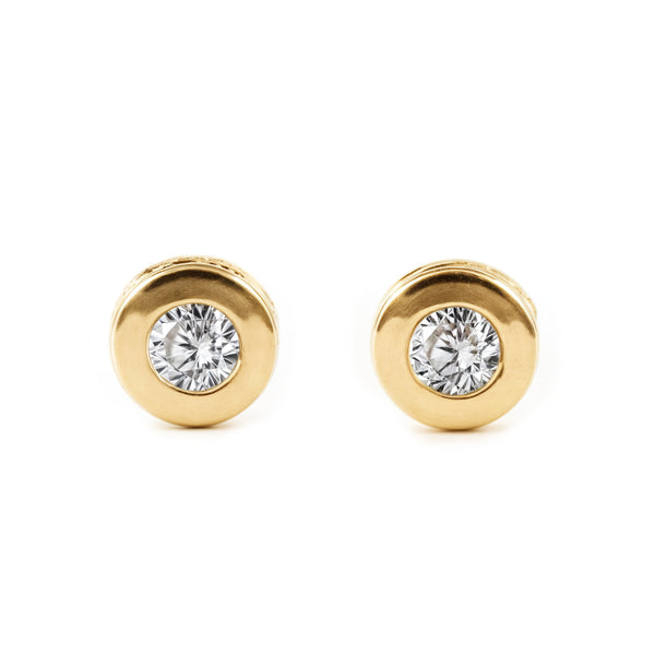 Pendientes Bebe Oro Amarillo 18K Flan Redondo Circonita Brillo