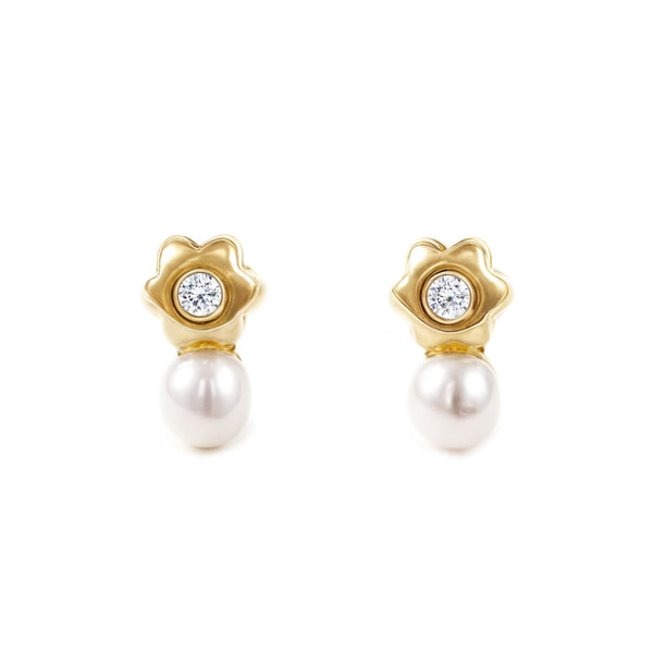 Pendientes Bebe-Niña Oro Amarillo 18K Perla Botón 3,5 mm Flor Margarita Circonita Brillo