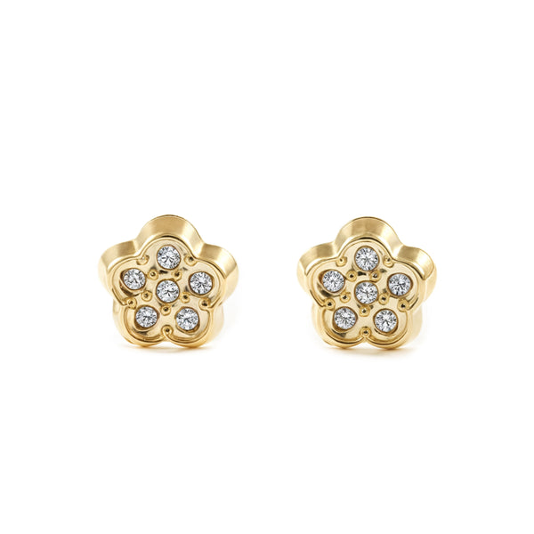 Pendientes Bebe-Niña Oro Amarillo 9K Flor Margarita Circonitas Brillo