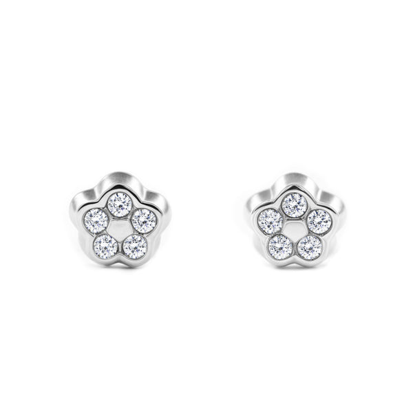 9ct White Gold Daisy Flower Cubic Zirconia Children's Baby Earrings shine