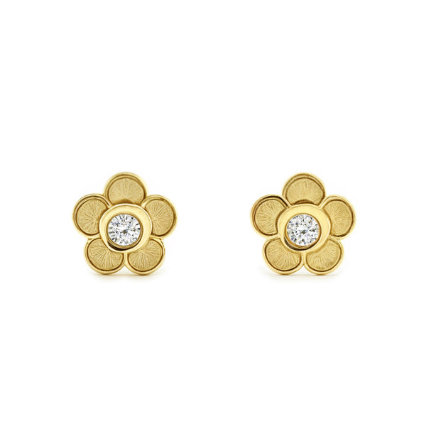 9ct Yellow Gold Daisy Flower Cubic Zirconia Children's Baby Earrings Matte Shine