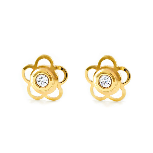 Pendientes Bebe-Niña Oro Amarillo 9K Flor Margarita Circonita Brillo