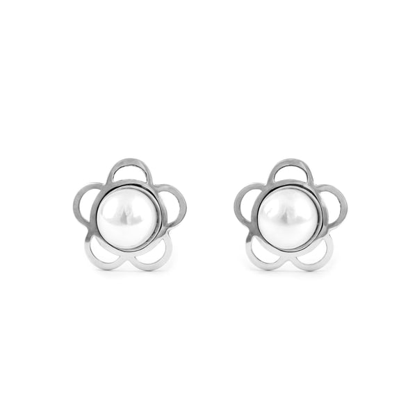9ct White Gold Daisy Flower Pearl 3.5 mm Children's Baby Girls Earrings shine